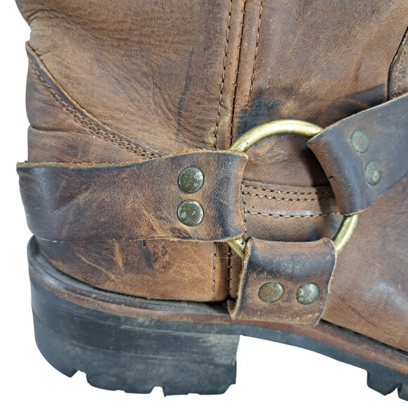 Frye Brown Leather Harness Pull On Moto Boots Size 8 Womens Heel Distressed - Picture 14 of 15